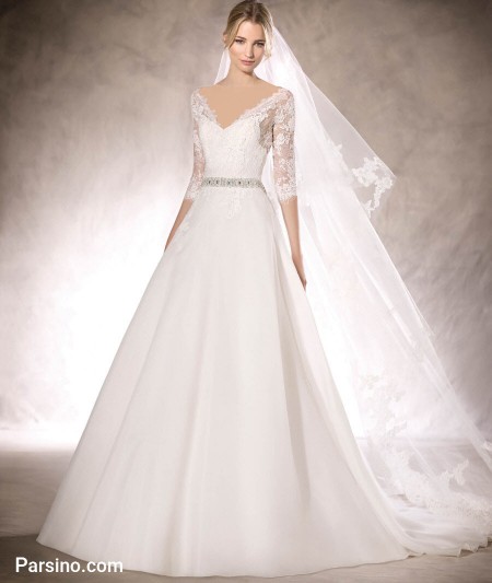 لباس عروس تور , مدل لباس عروس دامن پفی آستین بلند 
