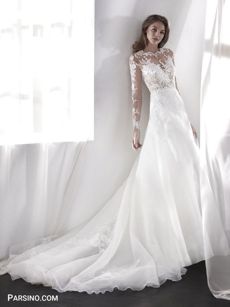 لباس عروس لاکچری , مدل لباس عروس پوشیده گیپور , لباس عروس دنباله دار