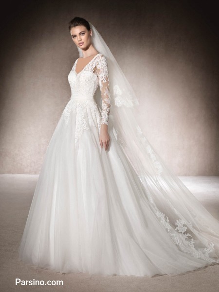 مدل لباس عروس پوشیده گیپور , لباس عروس دنباله دار